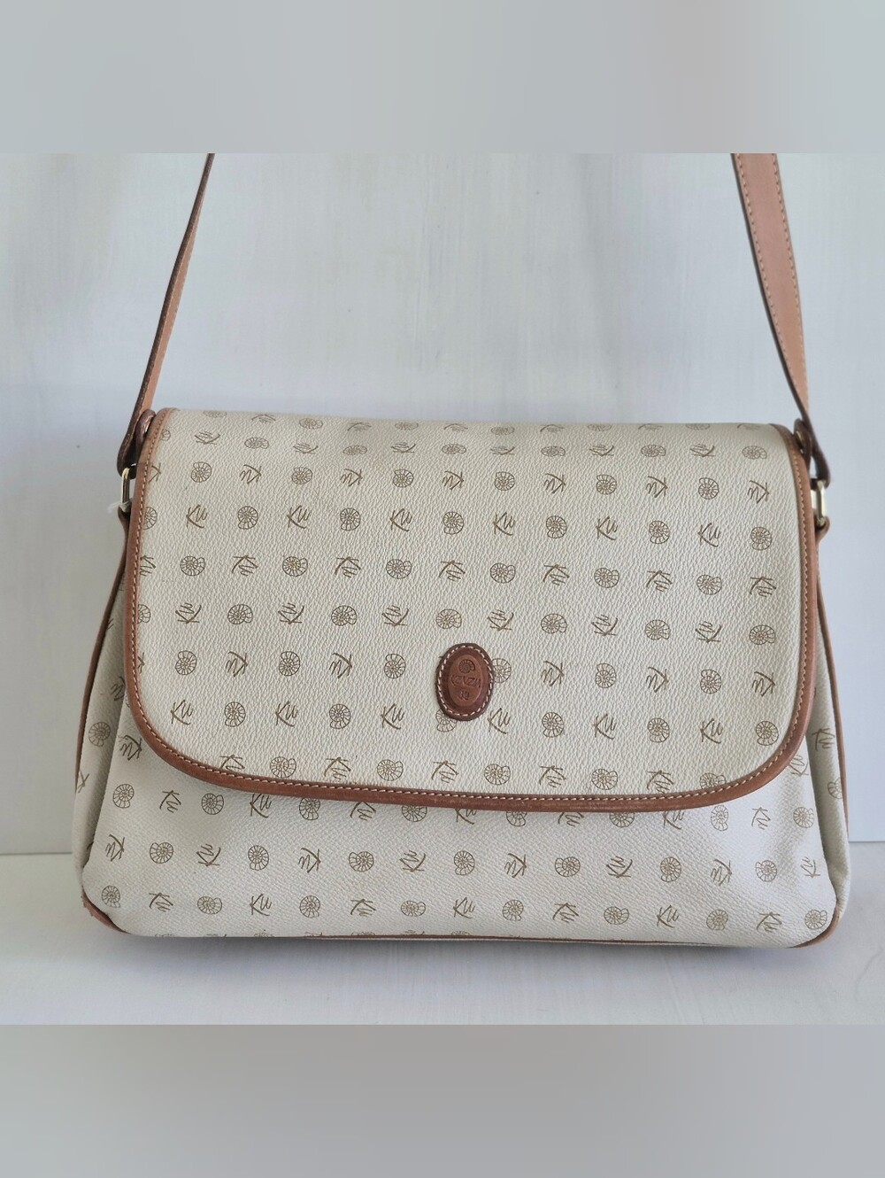 Kenzia Cream Monogram Canvas & Tan Leather Trim Large Shoulder/Crossbody Bag